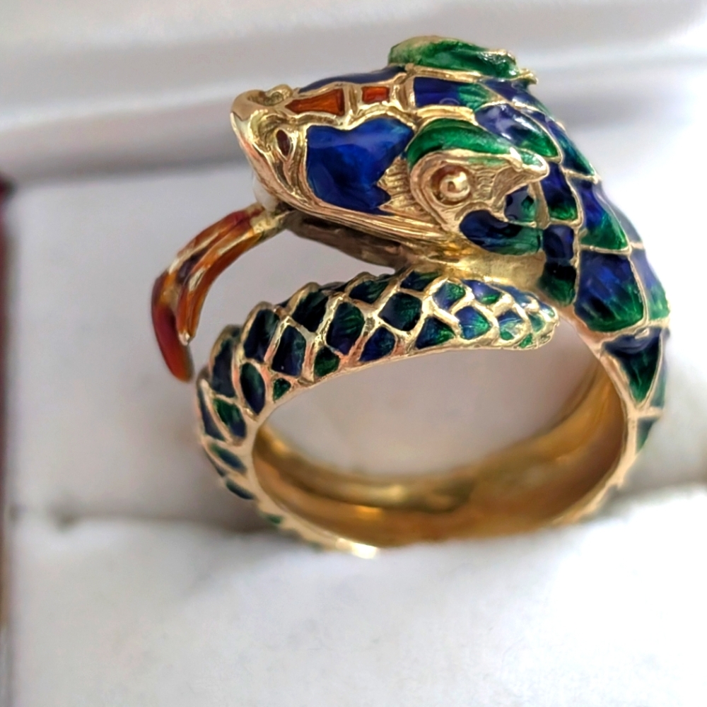Gold 18K‎ Serpent Ring with Blue and Green Enamel